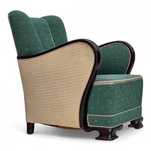 1960s, Danish armchair, green and beige furniture wool.