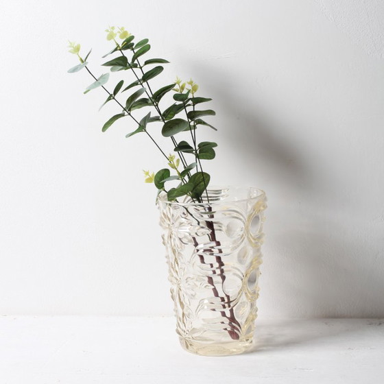 Large Stylish Mid-century Solid Heavy Clear Patterned Glass Flower Vase / Fidenza / Italy / 1960s (photo 6 of 14)