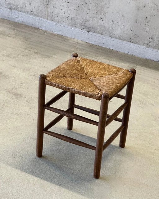 Taburete de madera con asiento de junco, años 60