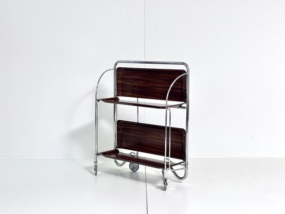 Desserte Bremshey Dinett, pliable, chrome et aspect bois foncé, Mid-Century, Argenté, Vintage (photo 4 sur 15)
