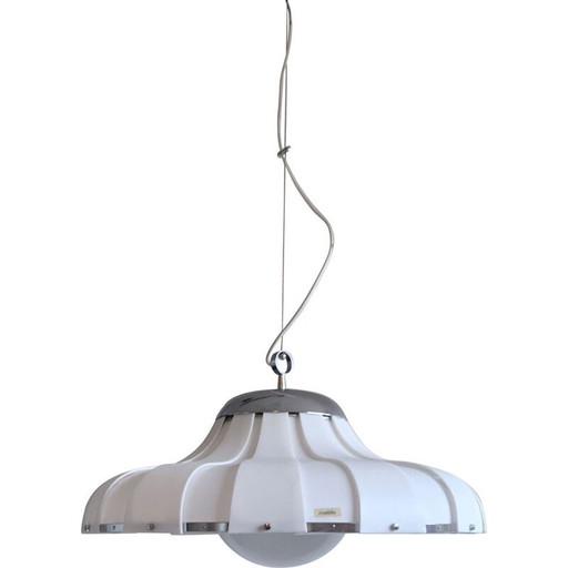 Lampada a sospensione vintage in abs bianco e vetro di Guzzini per Meblo, Slovenia 1970