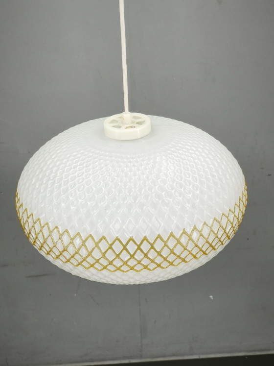 Czechoslovak Opaline Glass and Gold Pendant Light, 1970s – Pendant lamps, Plastic (photo 8 of 10)