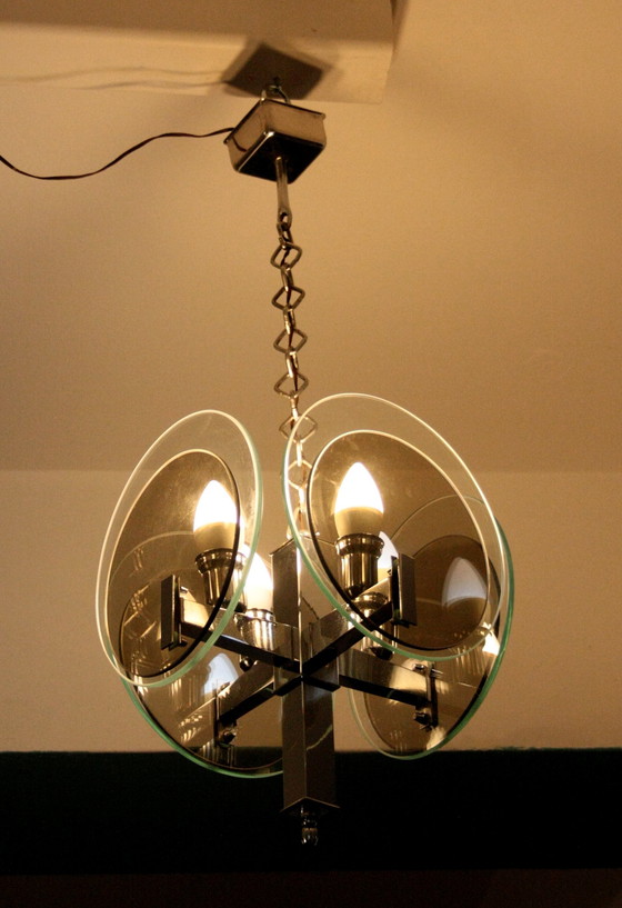 Image 1 of Lustre Vintage Art Déco en métal chromé et verre, Italie, années 1970