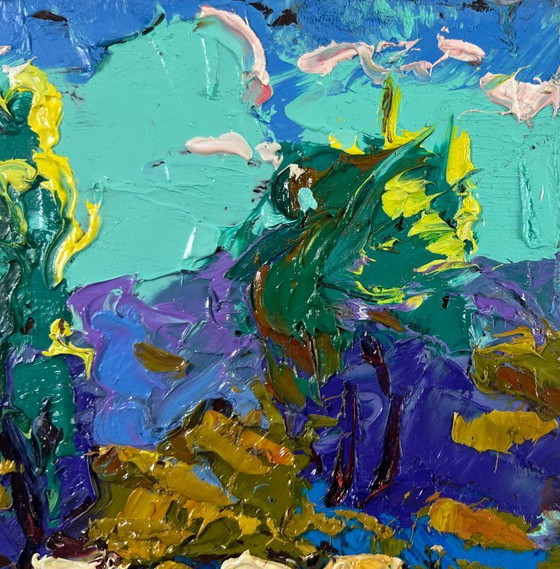 Image 1 of Original Oil Painting Summer Field Landscape Evening light behind the village