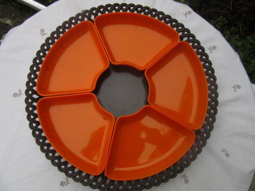 Platos de melamina naranja vintage para salsas/bandeja redonda de cesta marrón, menaje retro