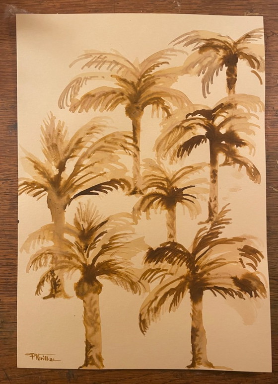 Image 1 of Dipinto ad acquerello firmato raffigurante un paesaggio di un'oasi orientale al calar della notte.