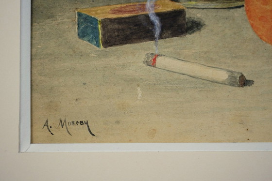 Image 1 of Naturaleza muerta con cigarrillo - Cuadro firmado por A. Moreau