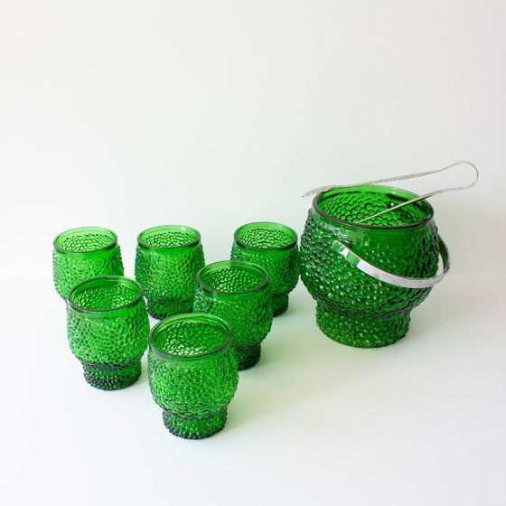 Image 1 of Vintage Green Set of 6 Cocktail bubble glasses, ice bucket and ice clamps, 1970's