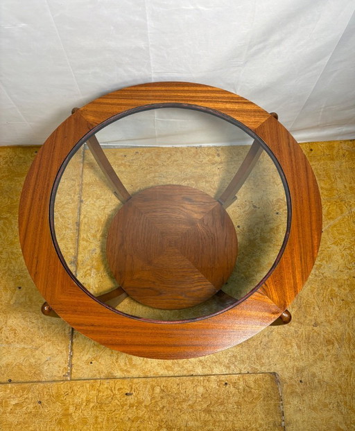 Mid-Century Retro Vintage Teak & Glass Round Coffee Table by Stonehill 1960  Sculptural Design • Danish Inspiration • British Cr