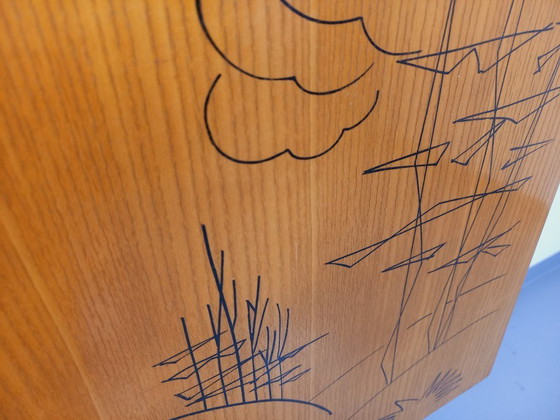 Image 1 of Wall-mounted bookcase with vintage light wood and brass secretary bar, dating from the 1960s