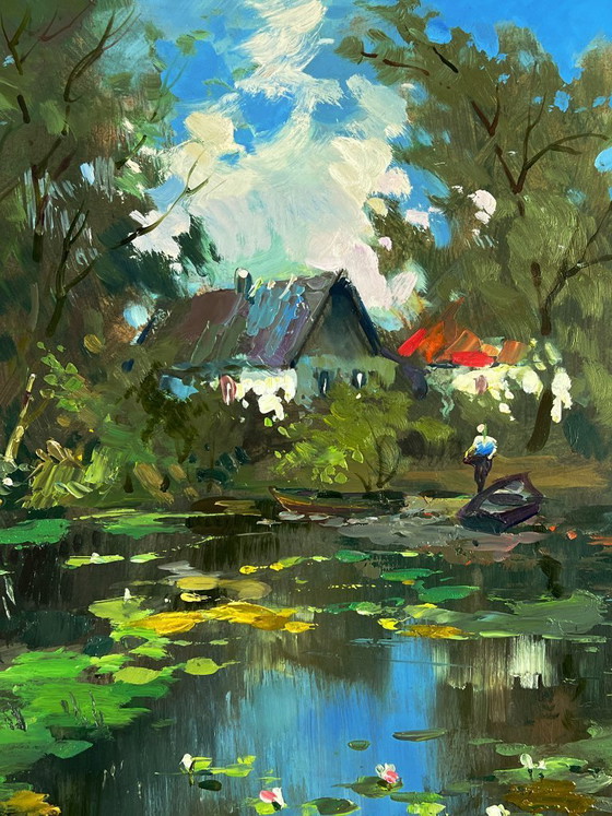 Image 1 of Peinture à l'huile originale représentant un paysage naturel, une campagne, un village et un lac derrière les arbres.