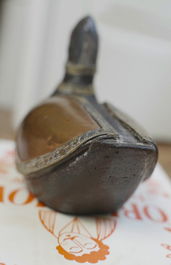 Image 1 of Hand-Carved Wood Duck Figurine with Brass Copper Inlay, Nepalese Tibetan Folk Art