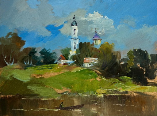 Pintura al óleo original Paisaje de iglesia de verano La iglesia del pueblo es visible