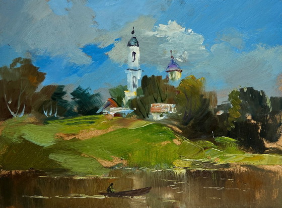 Image 1 of Origineel olieverfschilderij: Zomerlandschap met kerk. De dorpskerk is zichtbaar.