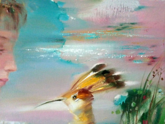 Original Oil Painting Abstract Expressionism Figurative Girl Bird Summer Day – Paintings & Drawings, Canvas (photo 5 of 10)