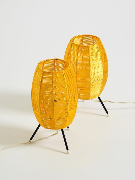 Image 1 of Two beautiful Mid Century modern tripod raffia table lamps