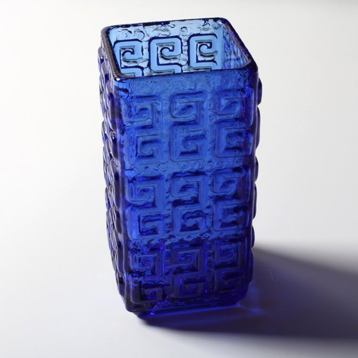 Cobalt Blue Vintage Mid-century Pressed Glass Vase Taalari by Tamara Aladin / Riihimäen Lasi Glassworks Finland / 1969
