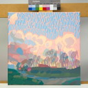 Schilderij van zon en wolken, handgeschilderd uniek stuk, natuur, landschapsschilderij, lucht, acrylverfschilderij 40x40cm