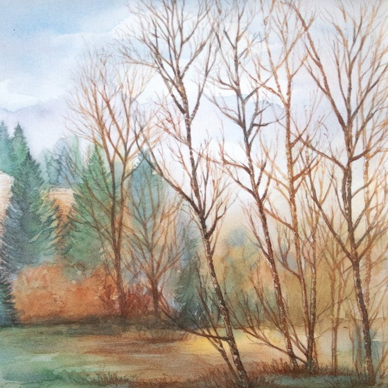 Image 1 of Aquarelprint van kasteel Beaufort Luxemburg, door Bernadette Voz, ingelijst