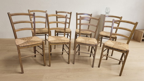 Image 1 of Set of 8 Scandinavian Dining Chairs, Wooden Frame & Woven Rattan Seats, Gemla Fabrikers AB, 20th century