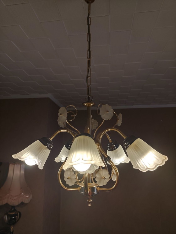 Bellissimo lampadario vintage a 5 bracci – Illuminazione, Vetro, Metallo (photo 6 of 7)