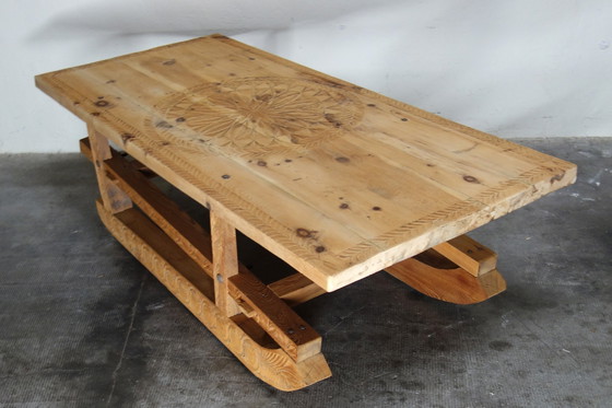 Image 1 of Large carved sled coffee table 19th century folk art, France