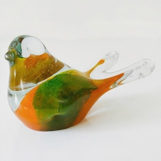 Image 1 of Vintage gekleurde mondgeblazen vogelsculptuur glas presse-papier glazen vogeltje murano stijl vogelbeeldje 1980's