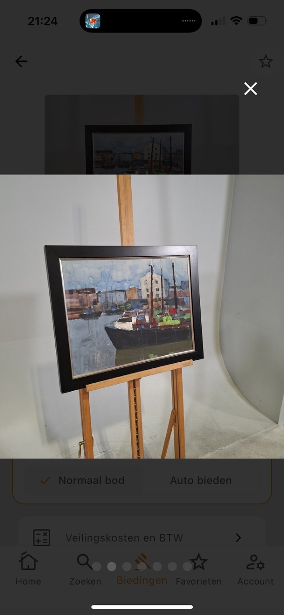 Image 1 of C.D. Ven. Haven IJmuiden . Mooi origineel ingelijst schilderij 52x65 cm  1965