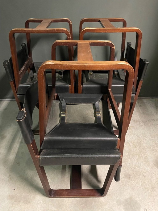 SET VON 6 GUNTHER HOFFSTEAD LEATHER, ROSEWOOD CHAIRS FOR UNIFLEX 1960's.