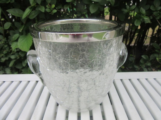 Image 1 of Crackle Glass Ice Bucket and 2 Matching Long Drink Glasses, mid century modern