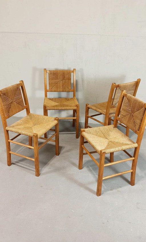 4 X chaises de salle à manger vintage en bois et jonc
