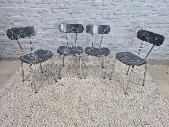 Lot de 4 Chaises de Cuisine Vintage Brabantia, Formica Effet Marbre Noir avec Accent Doré, Pays-Bas, Années (photo 3 of 8)