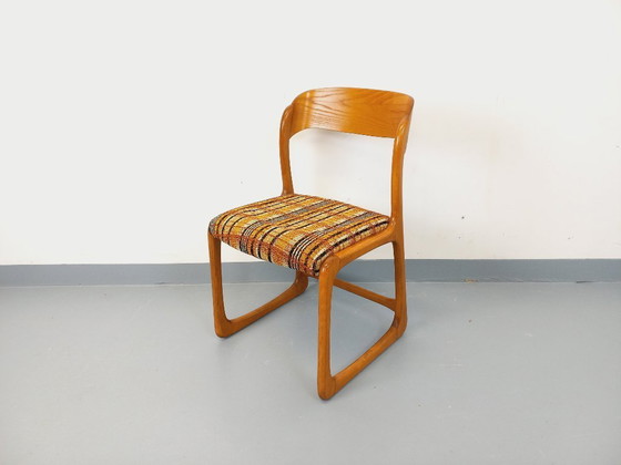 Image 1 of Sedia a slitta vintage del marchio Baumann, in legno e tessuto di lana, risalente agli anni '70.