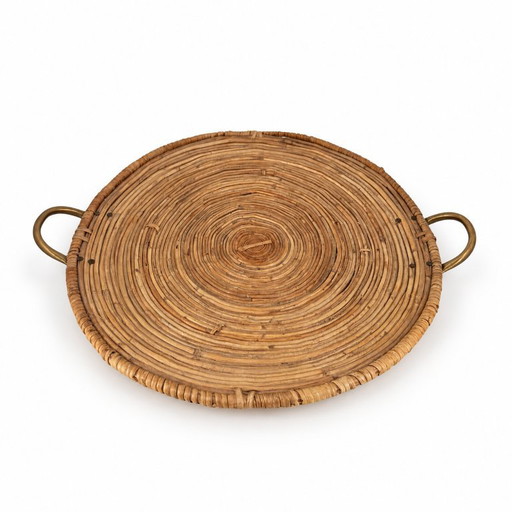 Vassoio da Portata XXL in Rattan e Ottone Anni '70 – Stile Gabriella Crespi