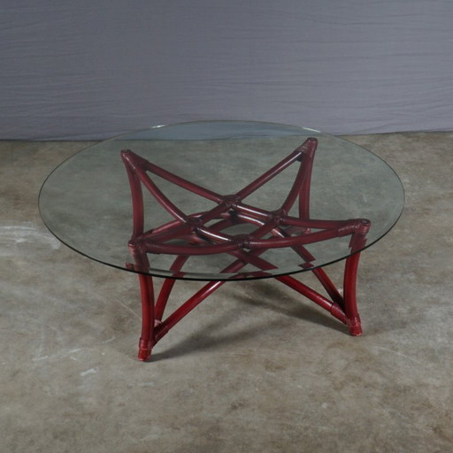 Table basse vintage en manou/bambou avec plateau en verre – années 1980