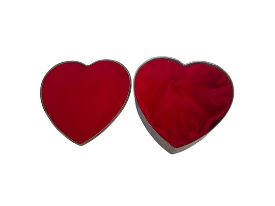 Image 1 of Heart-Shaped Metal Jewelry Box with Gold Bow and Red Velvet Interior