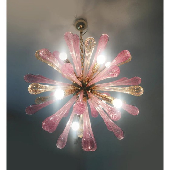 Image 1 of Lustre Sputnik en verre de Murano avec des gouttes d'air dorées et roses