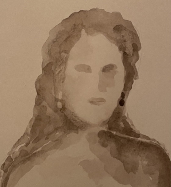 Image 1 of Ritratto femminile dipinto ad acquerello color seppia "Negli occhi"