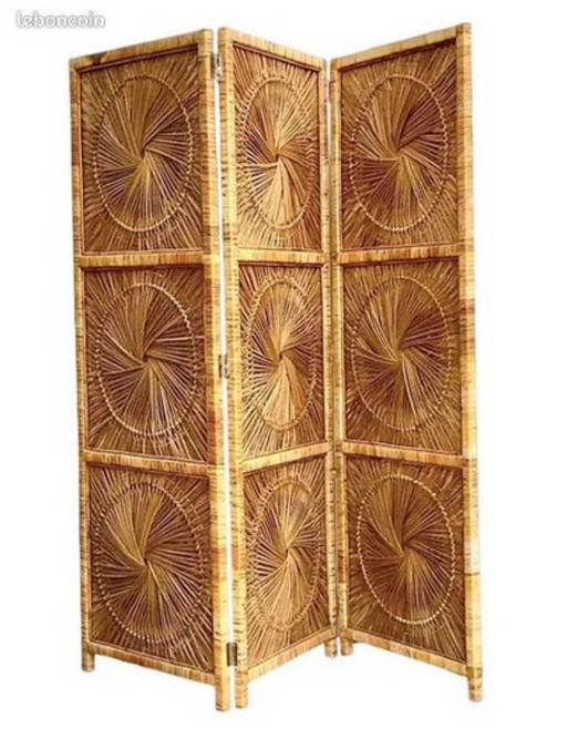 Dreiteiliger Faltparavent aus Rattan und Holz