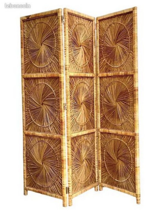 Image 1 of Dreiteiliger Faltparavent aus Rattan und Holz