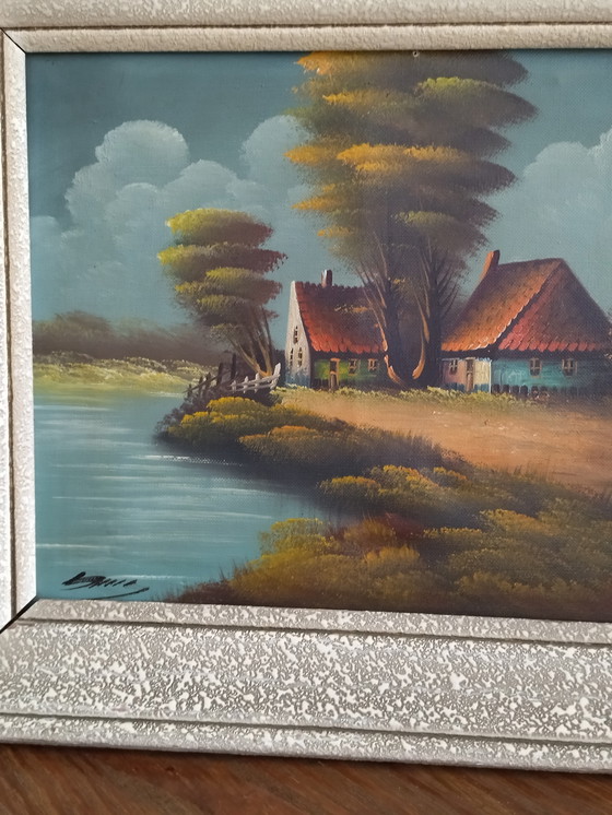 Image 1 of Vintage schilderij – Landelijk landschap – Cottagecore-stijl