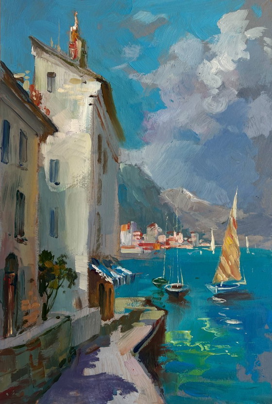 Image 1 of Original Oil Painting Summer City Landscape Sunny days by the sea