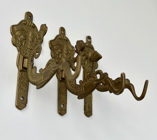 Set of 3 antique wall hooks – brass – Asian/Oriental inspired – circa 1950