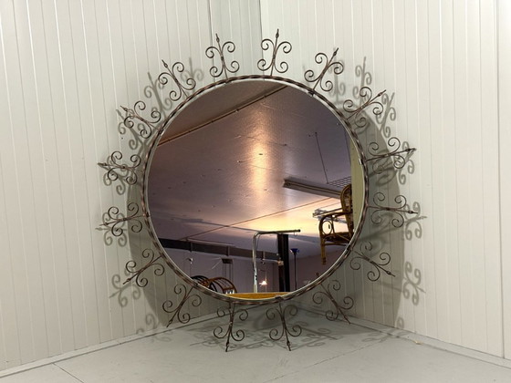 Image 1 of Very large round wrought iron wall mirror 1960's