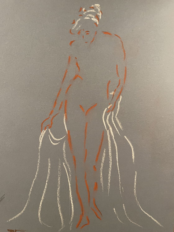 Image 1 of Tableau Signé Sanguine Pastel Blanc Papier Bleu Denim Portrait Femme Bains