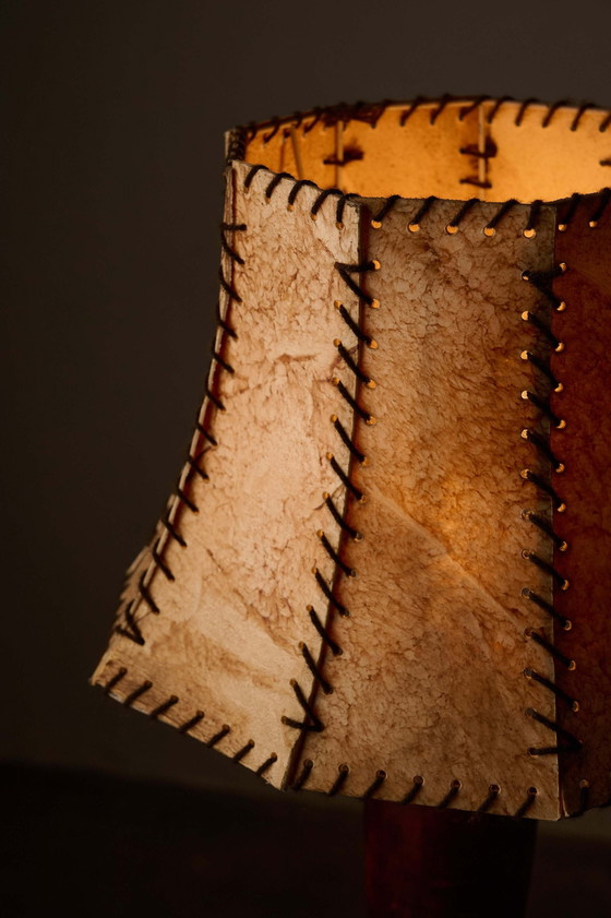 Turned Dark Wood Table Lamp with Stitched Shade, Rustic (photo 2 of 5)