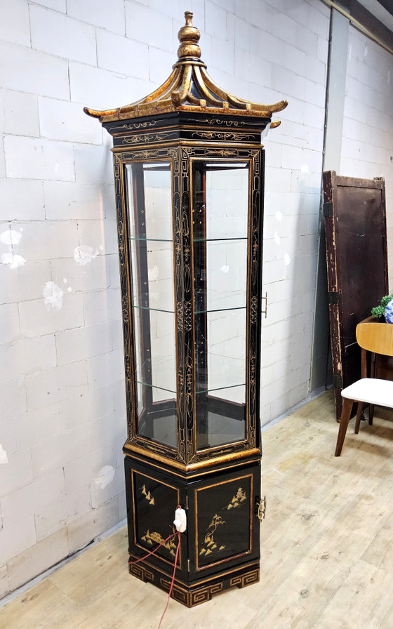 Vitrine Chinoise Vintage Toit Pagode (Éclairage) Armoire Bohème – Wood, Glass (photo 3 of 15)