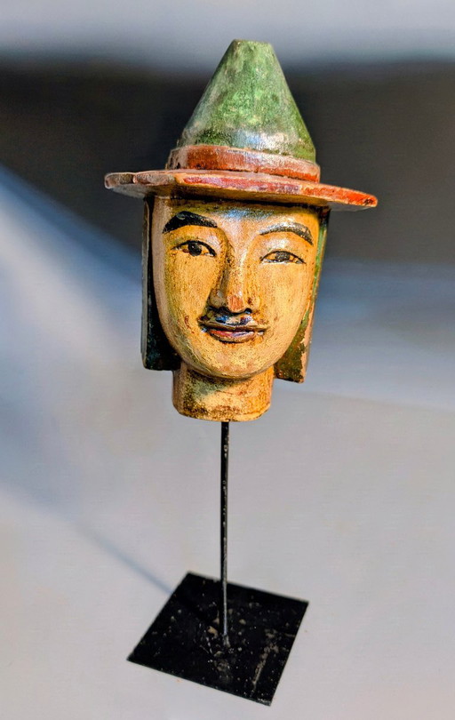 Antica Testa di Marionetta in Legno – Intagliata e Dipinta a Mano – Presumibilmente Birmania/Myanmar – 17 cm