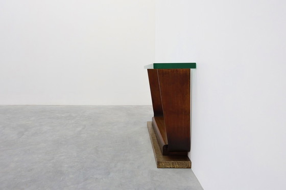 Image 1 of Sculpturale Franse Art Deco consoletafel met glazen blad, circa 1925