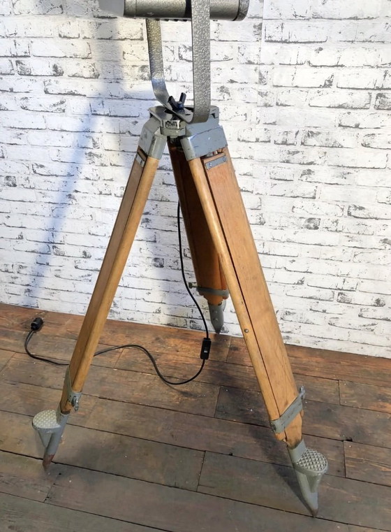 Image 1 of Vintage Grey Theater Spotlight on Wooden Tripod, 1980s